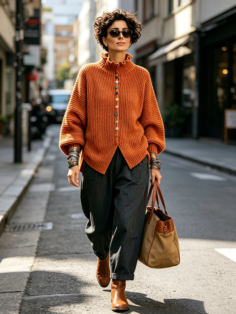 Vibrant Ruffled Turtleneck Sweater With Colorful Rainbow Buttons