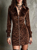 Women's Leopard Print Collar Long Sleeve Casual Slim Fit Dress