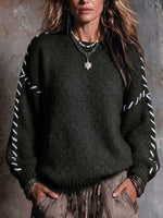 Women's Round Neck Long-sleeved Casual Loose Handmade Color-blocked Pullover Knit Sweater