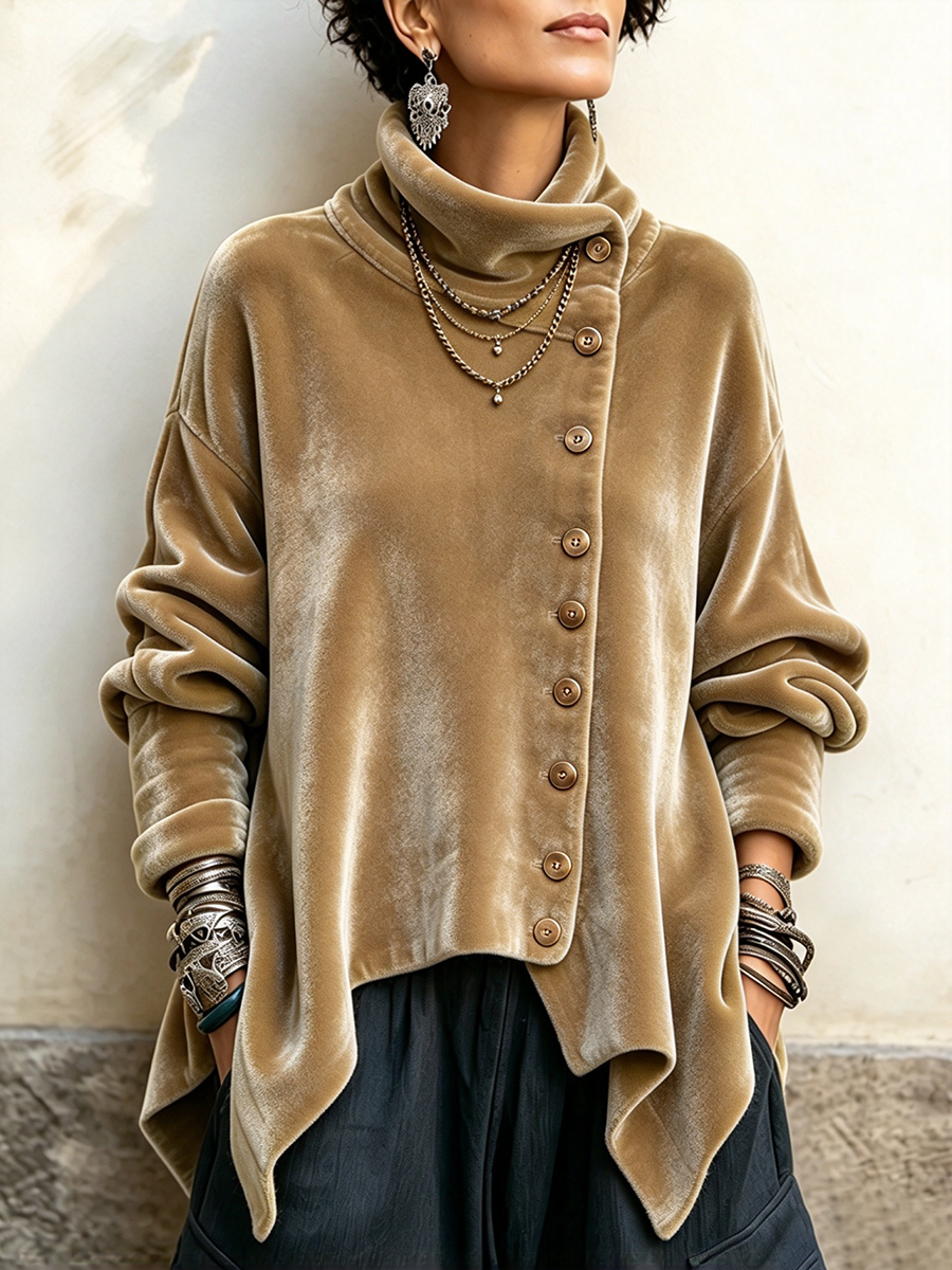 Chic Velvet Asymmetric Button Turtleneck Top