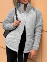 Women's Solid Color Stand Collar Long Sleeve Casual Loose Knitted Patchwork Cotton Jacket