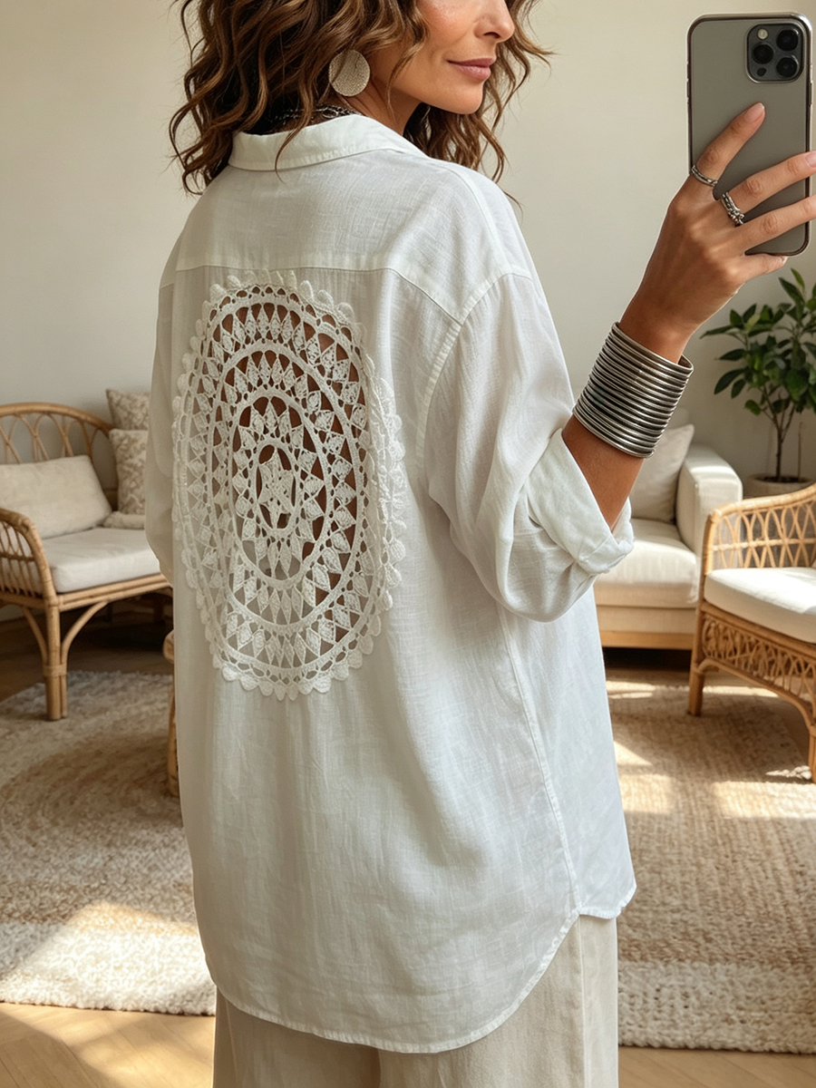 Boho Casual Hollow-out Crochet Mandala Lace Panel Shirt