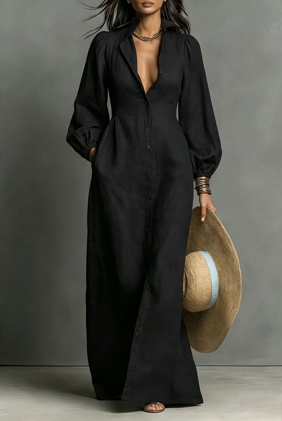Casual Linen-cotton Blend Collared Maxi Dress