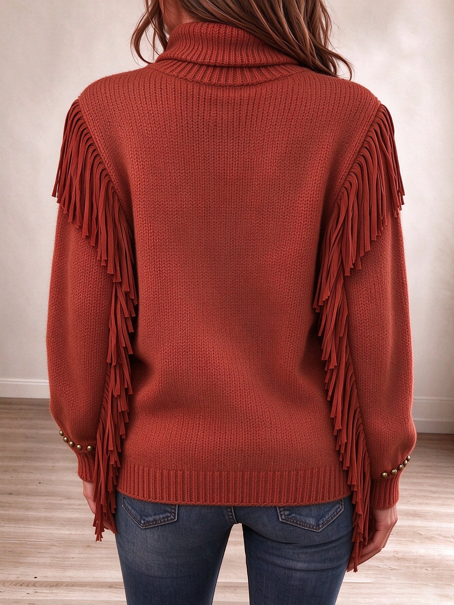 Boho Fringe & Studded Turtleneck Knit Pullover