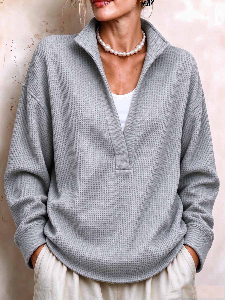 Women's Waffle Knit Split V-neck Pullover Sweater With Collar