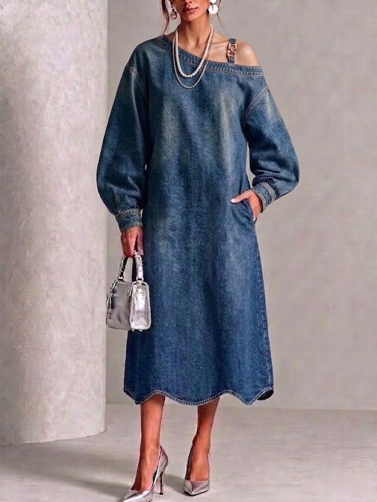 Midi Denim Dress With One-shoulder Design, Metal Buckle, Ruffled Hem, And Pocket Detail