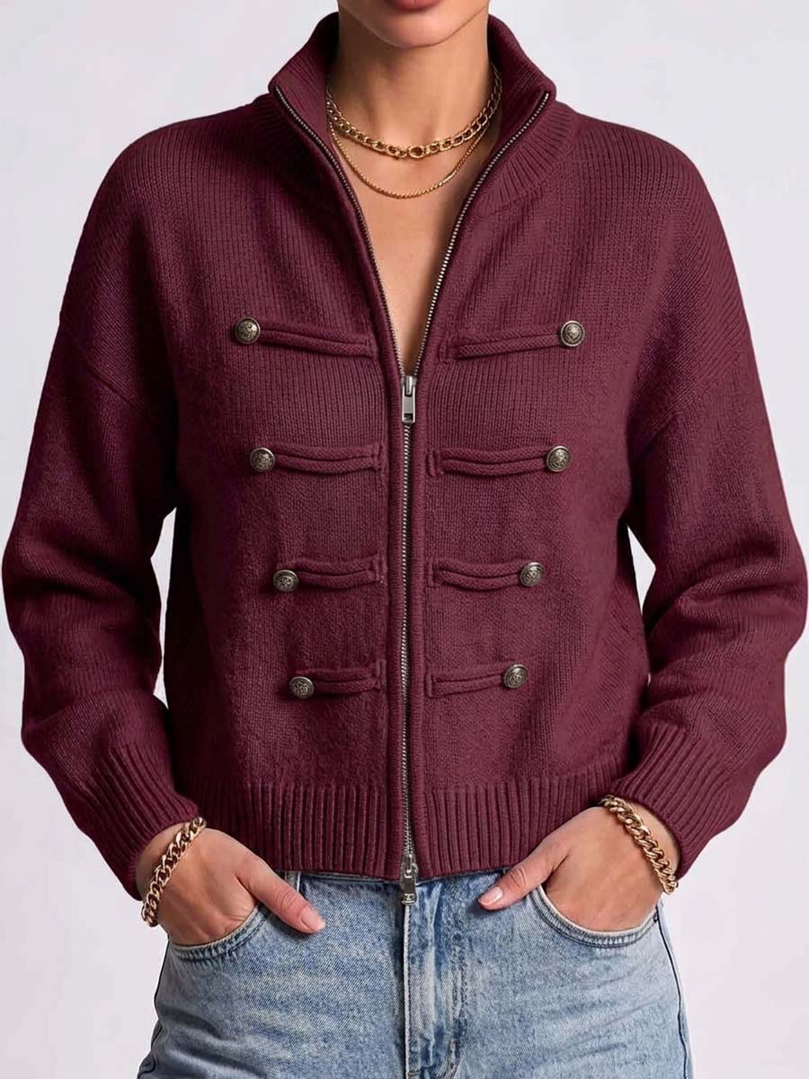 Women's Solid Color Stand Collar Long Sleeve Casual Loose Knit Cardigan
