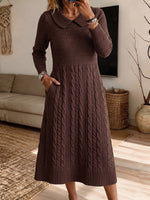 Classic Brown Cable-Knit Collar Midi Dress