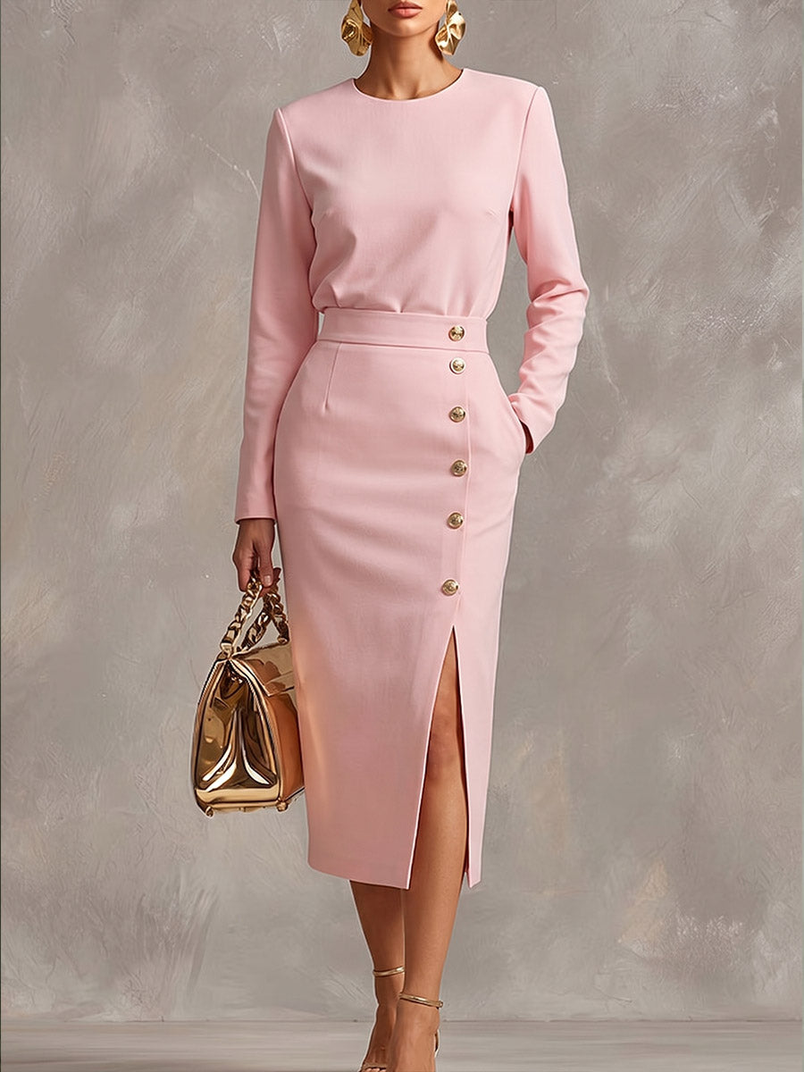 Women's Solid Color Round Neck Long Sleeve Casual Loose Slit Dress