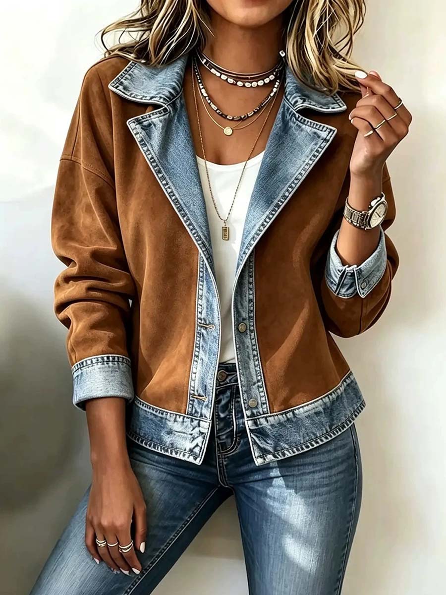 Women's Denim Collared Long-sleeved Casual Loose-fitting Cardigan With Faux Suede Patchwork.