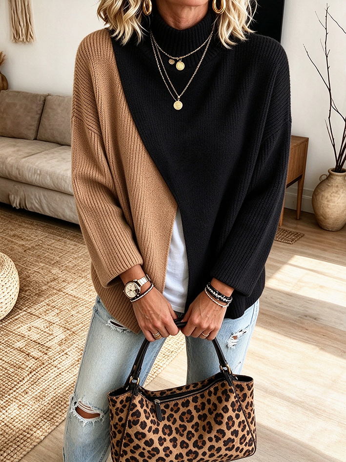 Casual Stylish Colorblock Ribbed Turtleneck Sweater