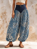 Bohemian-style Patchwork Lantern Pants Featuring Denim And Paisley Patterns.