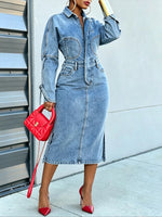 Stylish Casual Zip-front Midi Denim Dress
