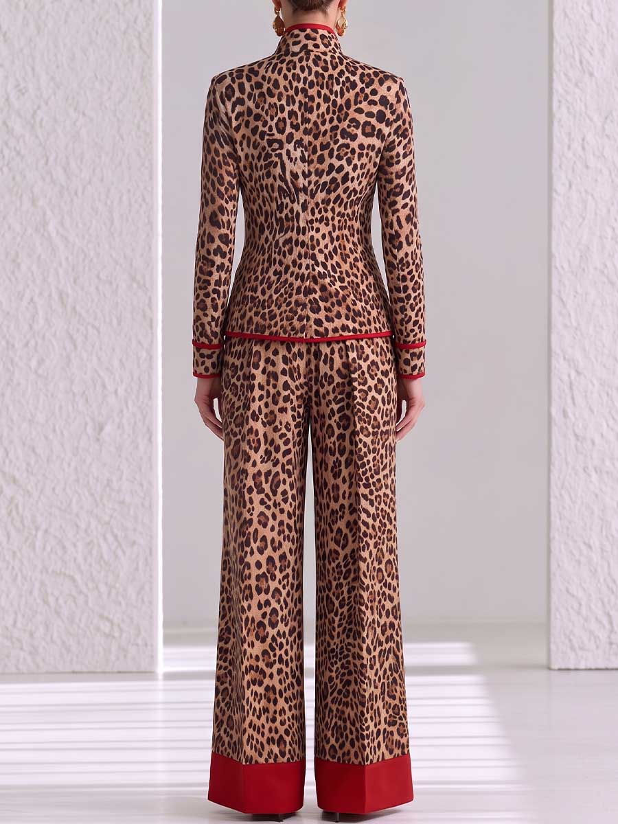 Women's Leopard Print Stand Collar Long Sleeve Casual Loose Color-blocked Jacket