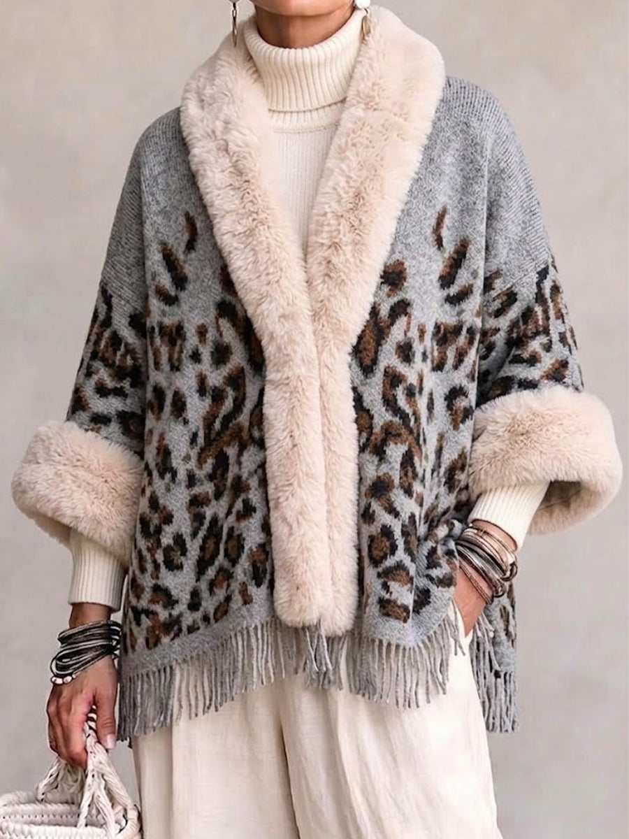 Leopard-print Faux-fur Collar Fringed Cardigan-style Wrap