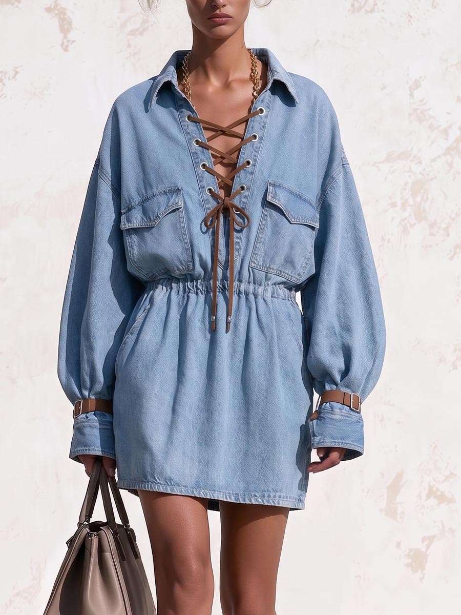 Women's Casual Loose-fit Denim Dress With Collar, Long Sleeves, Cut-outs, And Tie-front Detail