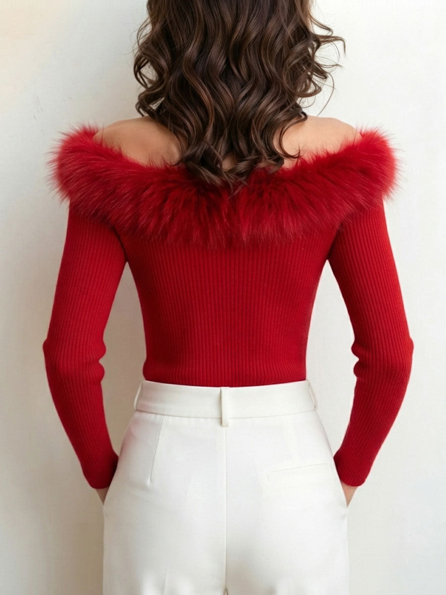 Elegant Faux Fur Trim Red Off-shoulder Top