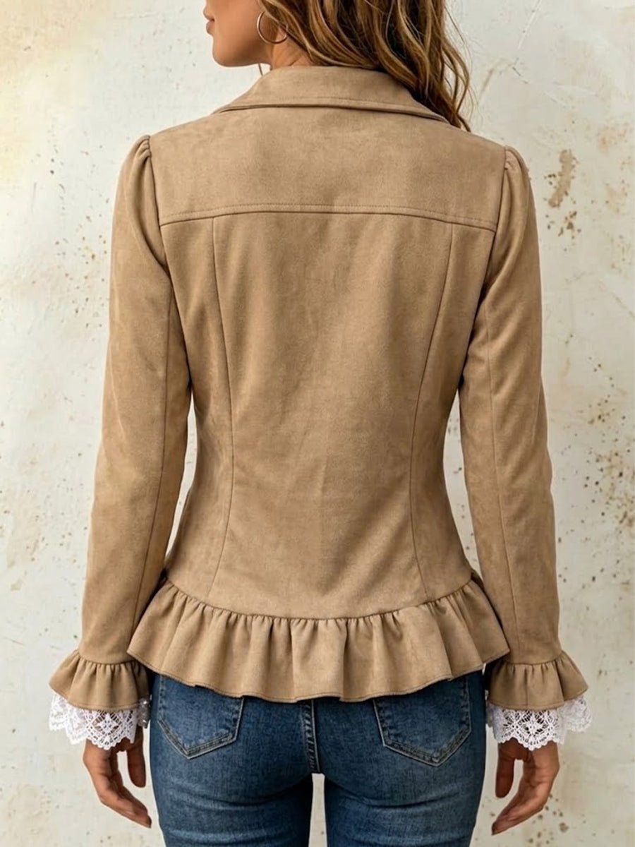 Waisted Jacket With A Lapel, Lettuce-edge Detailing, And Lace Inserts
