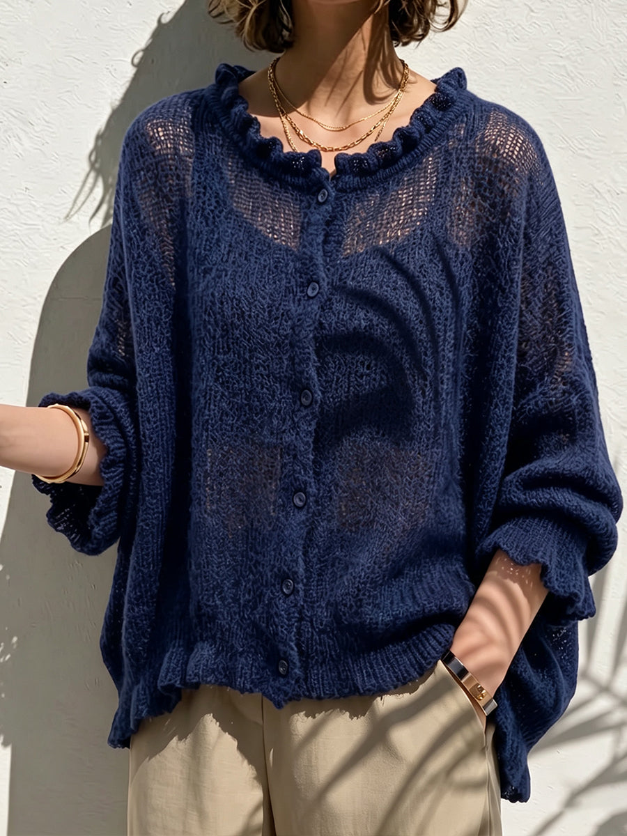 Chic Navy Blue Ruffled Open-Knit Cardigan