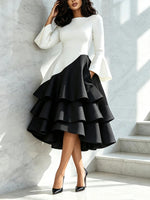 Elegant Black And White Color-block Midi Dress With Tiered Ruffles