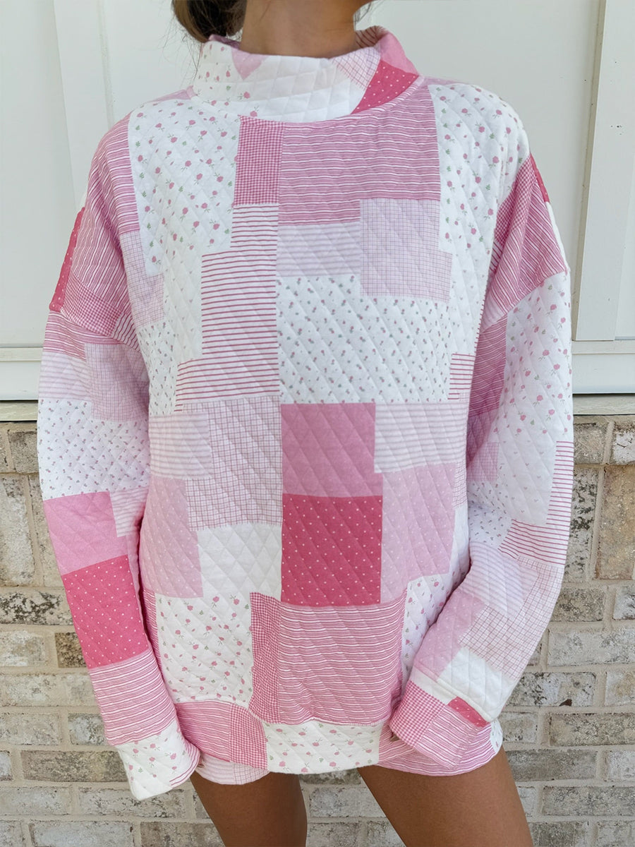 Romantic Pink Patchwork Quilted Mock Neck Sweatshirt