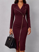 Women's Solid Color Suit Collar Long Sleeve Casual Slim Fit Bodycon Dress