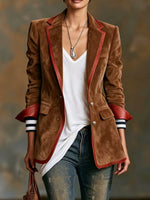 Women's Lapel Long-sleeved Casual Loose Color-blocked Velvet Suit Jacket