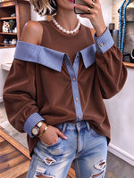 Casual Cold Shoulder Striped Top Corduroy Faux Two-piece Top