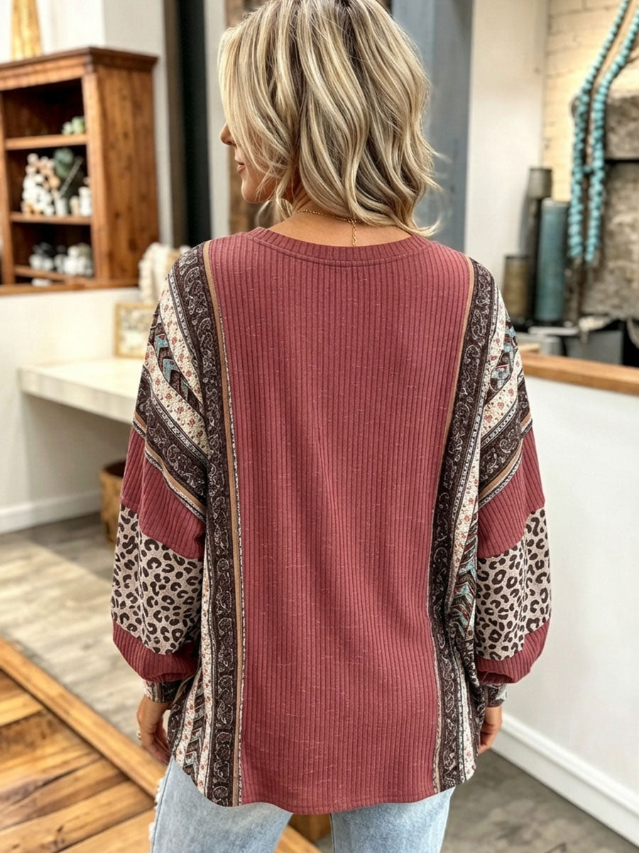 Boho Cozy Oversise Mixed-print Long-sleeve Top