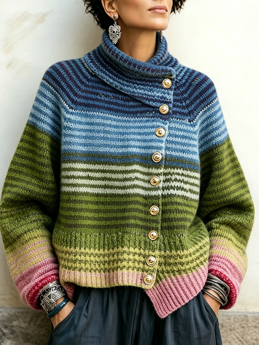 Cozy Gradient Striped Turtleneck Knit Sweater