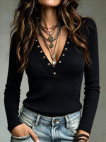Women's Ribbed Knit Deep V-neck Button Detail Long Sleeve Top