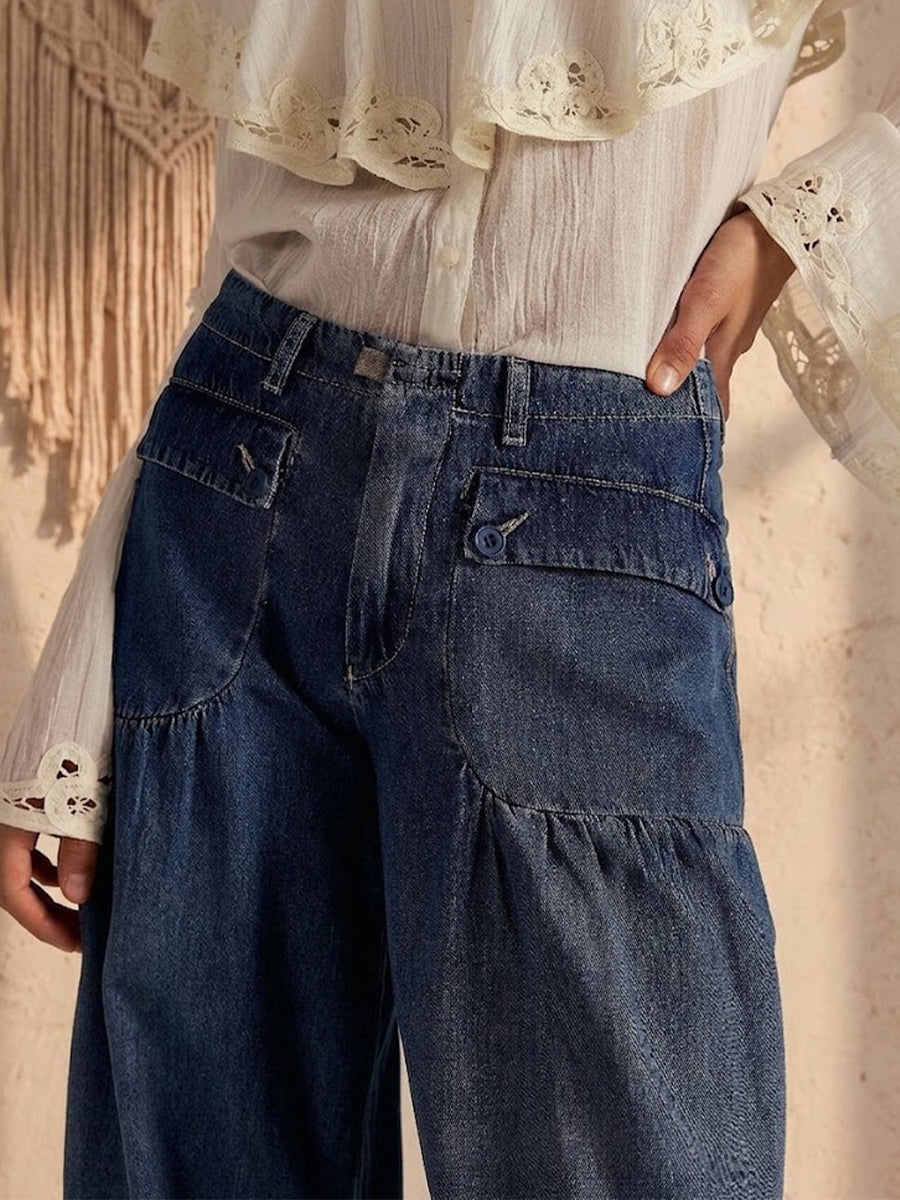 Pleated Mid-rise Loose Wide-leg Lotus-style Jeans