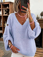 Women's Solid Color V-neck Long Sleeve Casual Loose Knitted Pullover