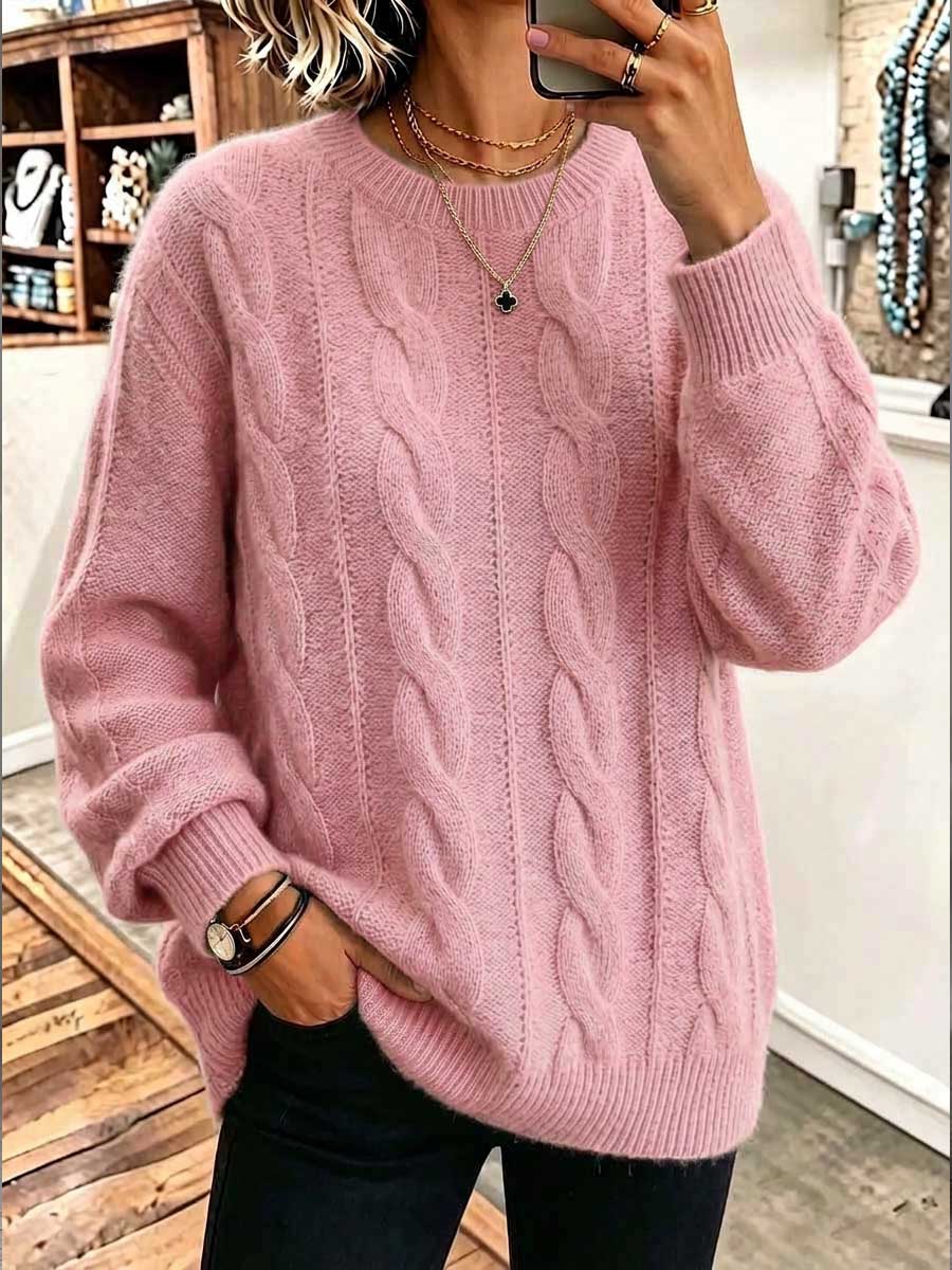 Women's Solid Color Round Neck Long Sleeve 3d Cable Knit Casual Loose Pullover Knit Sweater
