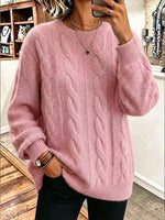 Women's Solid Color Round Neck Long Sleeve 3d Cable Knit Casual Loose Pullover Knit Sweater