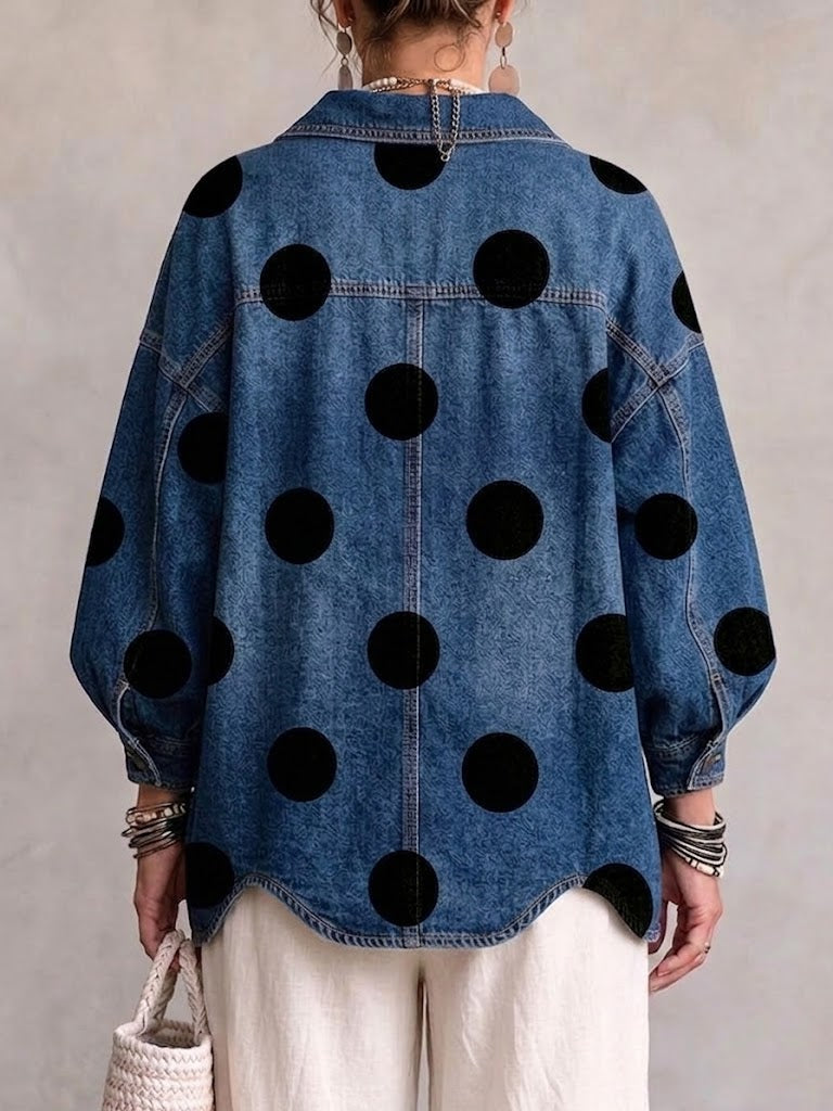 Oversized Polka-dot Denim Jacket With Lapel, Irregular Hem, And Large Metal Buttons