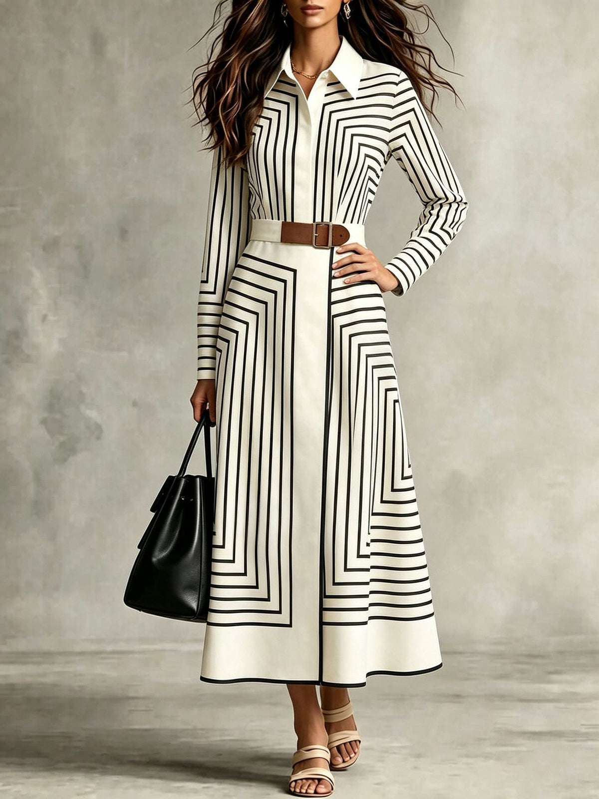 Chic Geometric-striped Button-down Midi Shirt Dress With A Tie-waist
