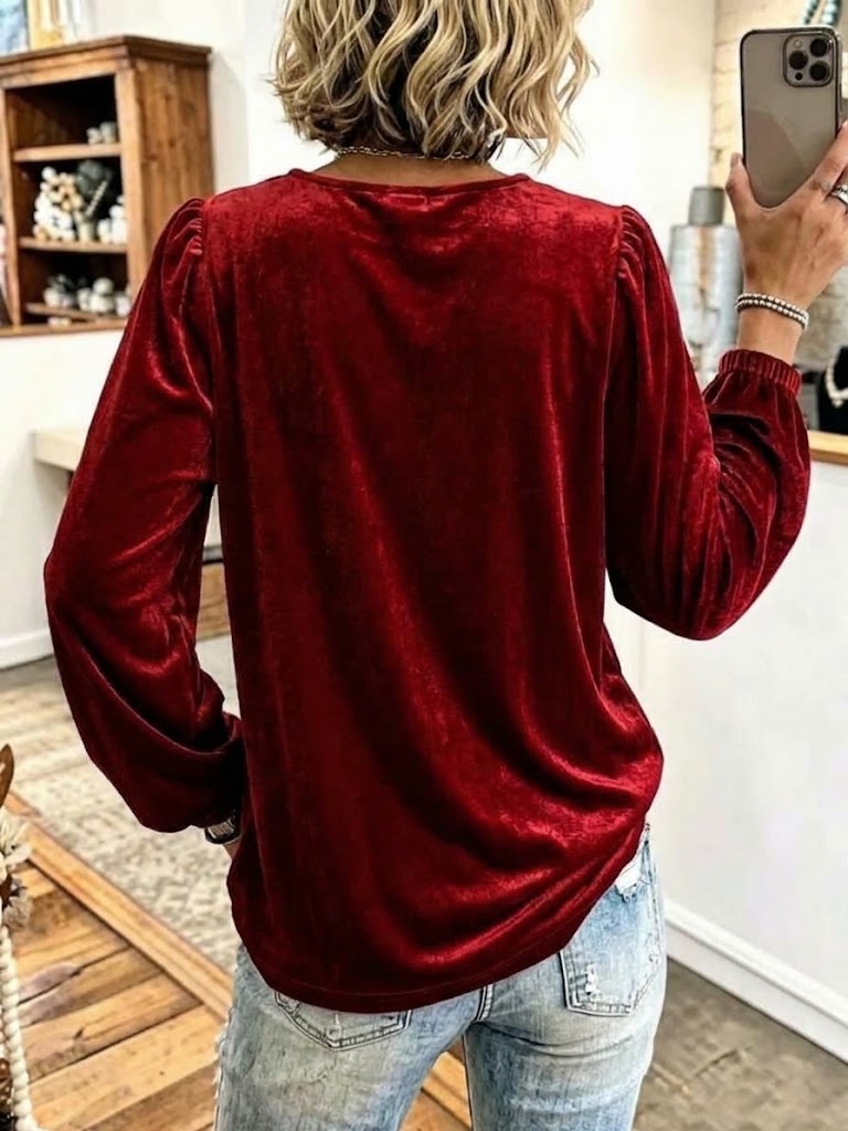 Velvet V-neck Top With Frog-closure Detailing And Long Puff Sleeves
