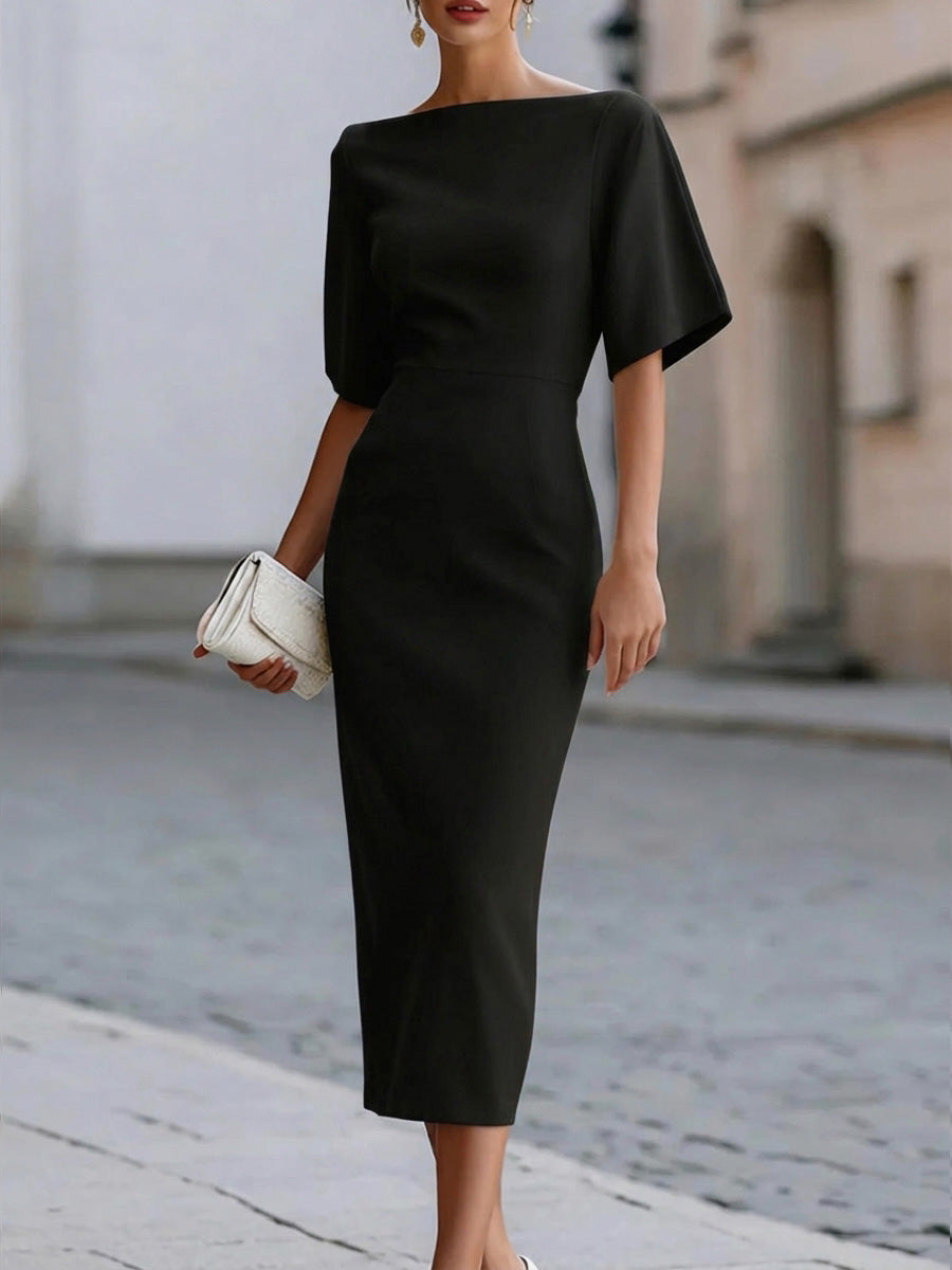 Women's Solid Color Classic Off-shoulder Short-sleeved Elegant Slim-fit Dress