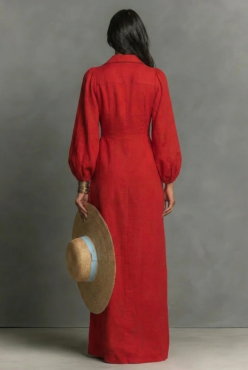 Casual Linen-cotton Blend Collared Maxi Dress