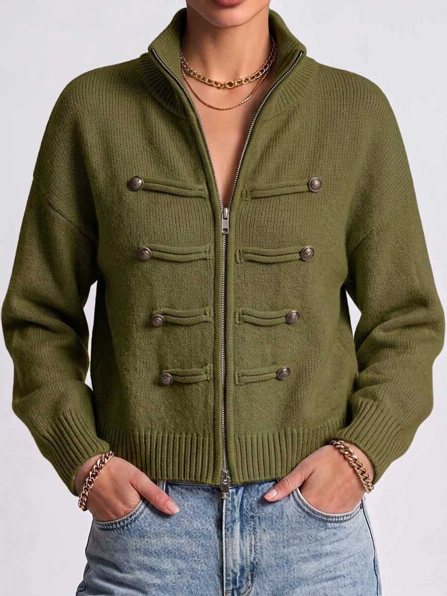 Women's Solid Color Stand Collar Long Sleeve Casual Loose Knit Cardigan