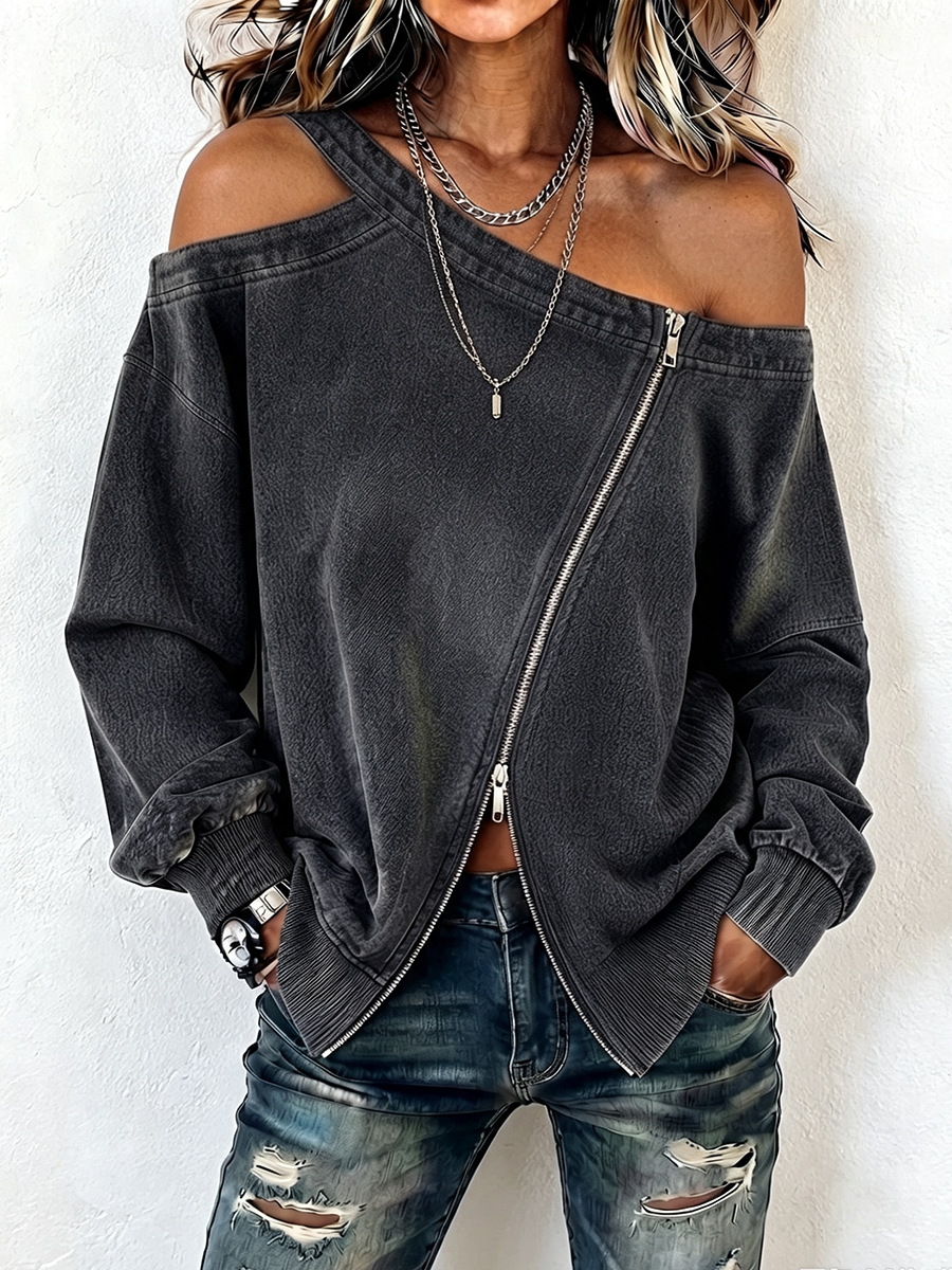 Edgy Chic Asymmetric Cold-shoulder Zipper Pure Cotton Sweatshirt