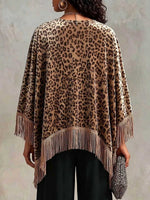 Women's Leopard Print Velvet Top – Crew Neck, Long Batwing Sleeves, Loose Fit, Tassel Detail