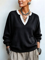 Chic Elegant False Two-piece Lace-trim Sweater F