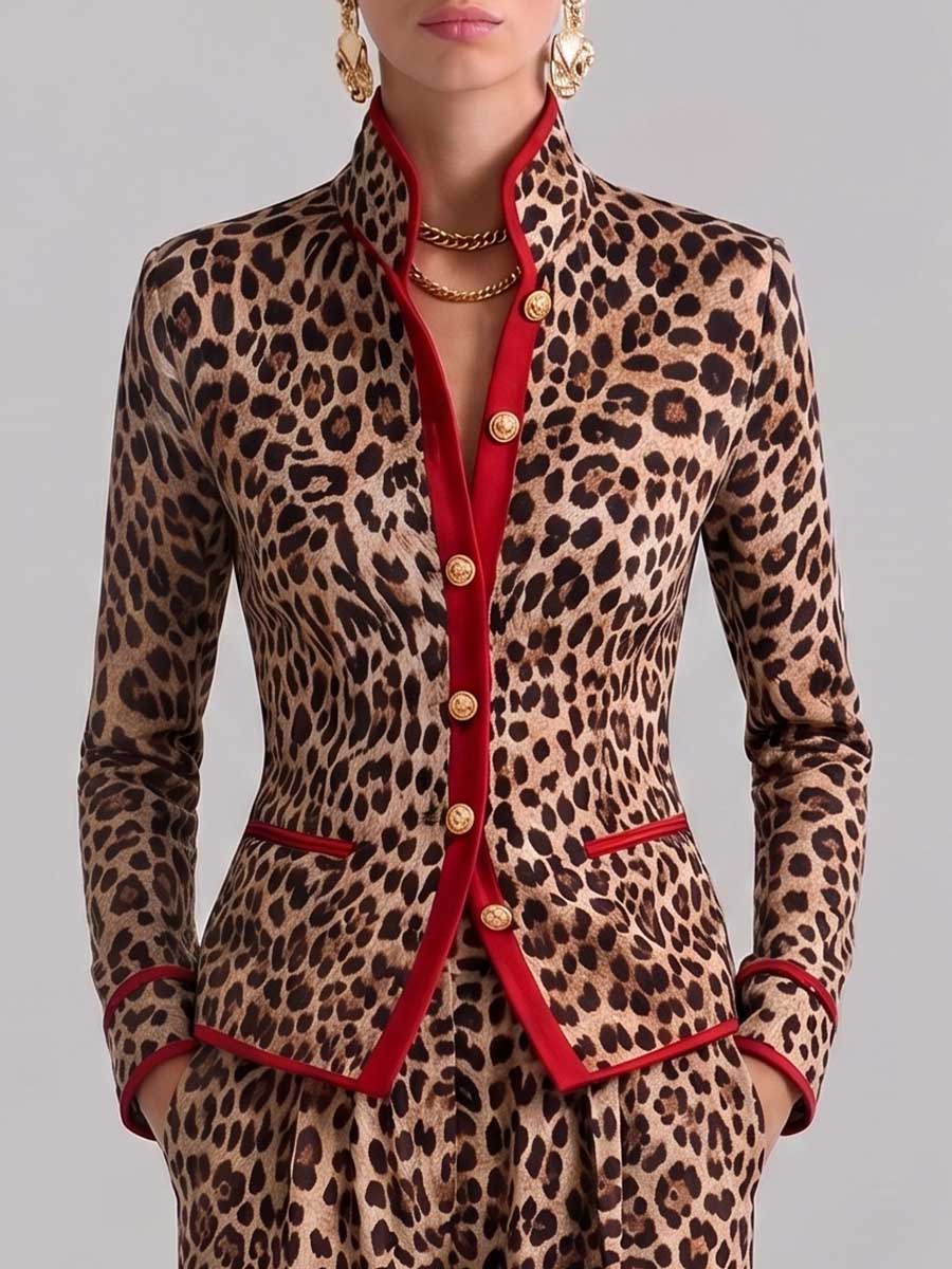 Women's Leopard Print Stand Collar Long Sleeve Casual Loose Color-blocked Jacket