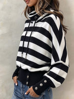 Casual Striped Funnel-neck Drawstring Sweatshirt