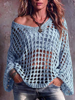 Women's Solid Color V-neck Long-sleeved Casual Loose-fitting Openwork Knit Pullover