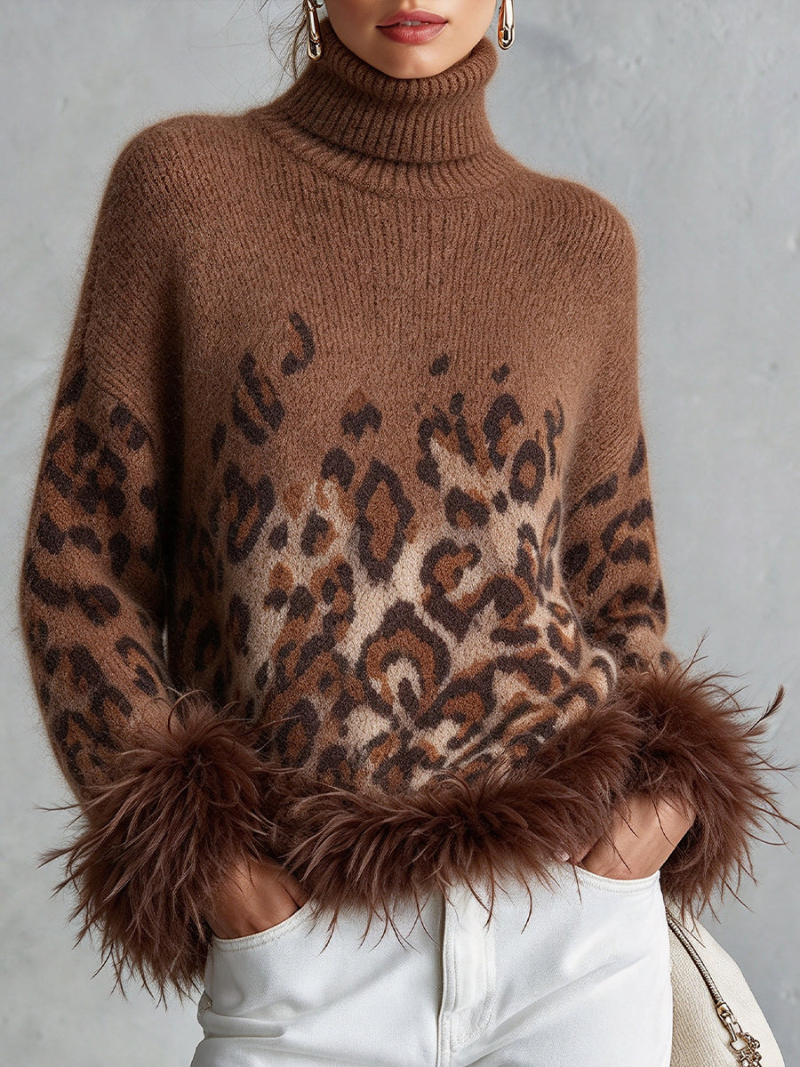 Chic Ombré Leopard-print Feather-trim Turtleneck Knit Top