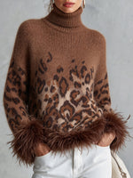 Chic Ombré Leopard-print Feather-trim Turtleneck Knit Top