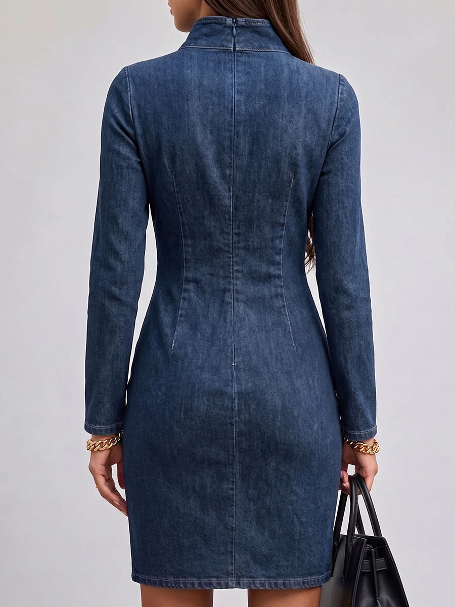 Women's Solid Color Stand Collar Long Sleeve Casual Loose Denim Dress